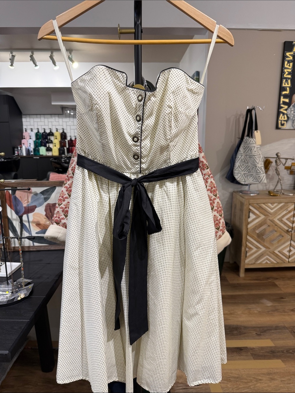 Anthropologie Cream Polka Dot Midi Dress with Black Sash